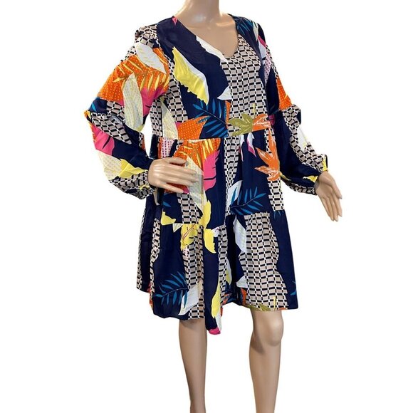 EUC Boho Tiered Babydoll Dress | Tropical Print & Geometric Design | Bold & Brig - Picture 4 of 6
